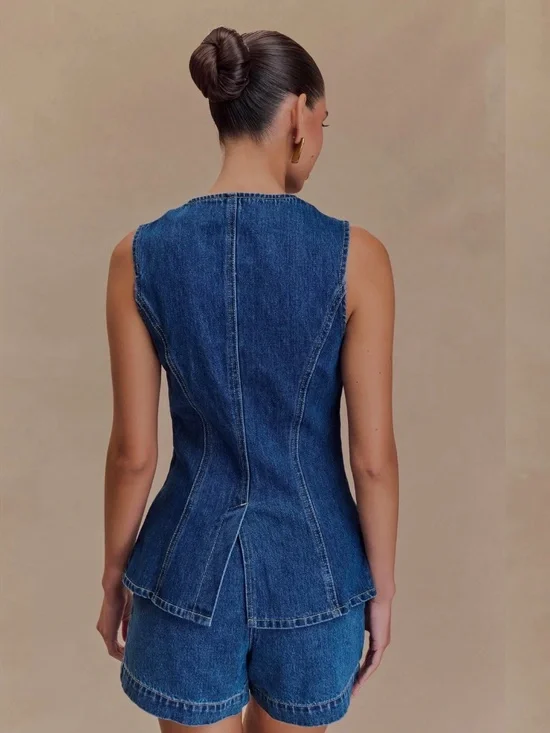 NWT Meshki Abel Denim Button Up Vest Top & Shorts Set XL - Picture 4 of 7